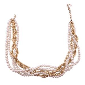 Circa 1900 Multi Strand Faux Pearl with 2 Styles of Goldtone Chains Necklace NEW